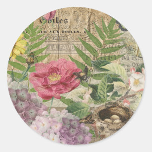 Bird Nest Floral Garden Flower Butterfly Art Classic Round Sticker