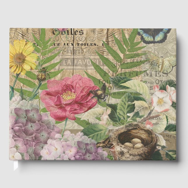 Bird Nest Floral Garden Flower Butterfly Art Guest Book (Front)