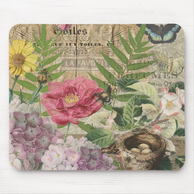 Bird Nest Floral Garden Flower Butterfly Art Mouse Pad (Front)