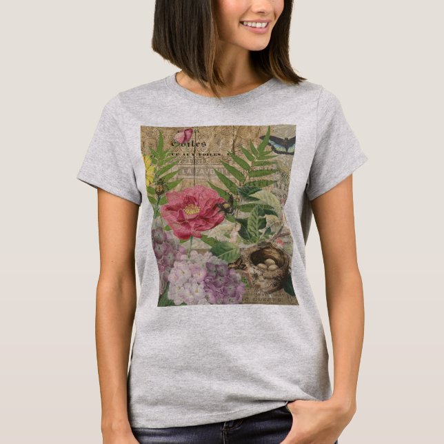 Bird Nest Floral Garden Flower Butterfly Art T-Shirt (Front)