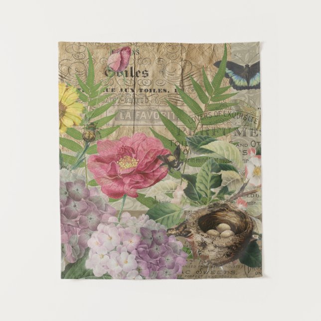 Bird Nest Floral Garden Flower Butterfly Art Tapestry (Front)