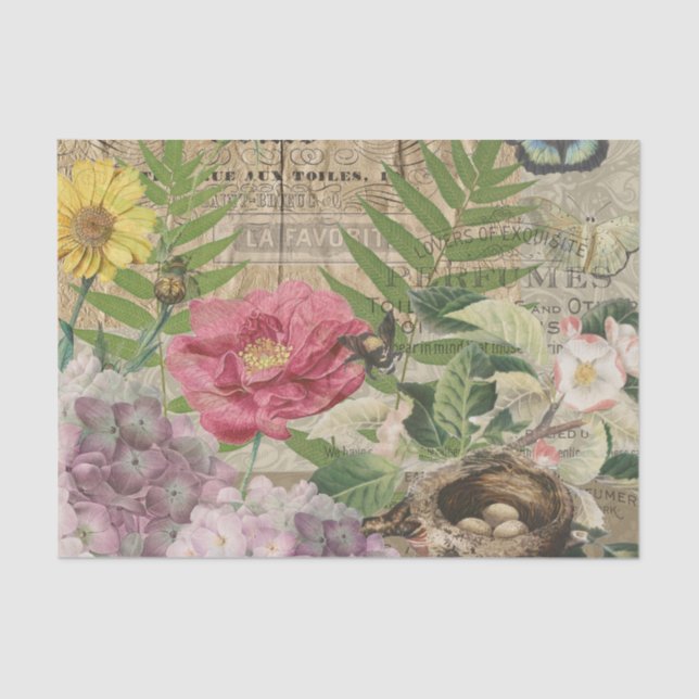 Bird Nest Floral Garden Flower Butterfly Art Tissue Paper (Front)