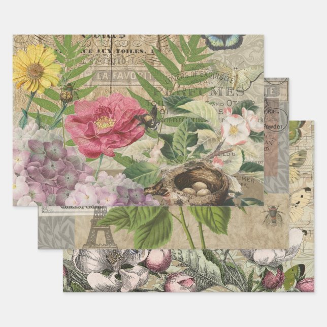 Bird Nest Floral Garden Flower Butterfly Art Wrapping Paper Sheet (Set)