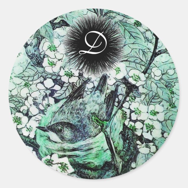 BIRD NEST monogram ,white green Classic Round Sticker (Front)