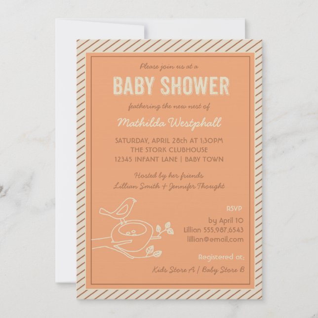 Bird Nest Orange Baby Shower Invitation (Front)