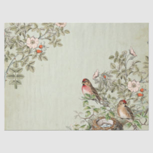 Bird Nest Pink Rose Flower Vintage Decoupage Green Tissue Paper