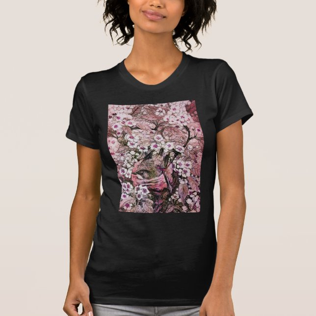 BIRD NEST,PINK WHITE  SPRING FLOWERS AND TREE T-Shirt (Front)