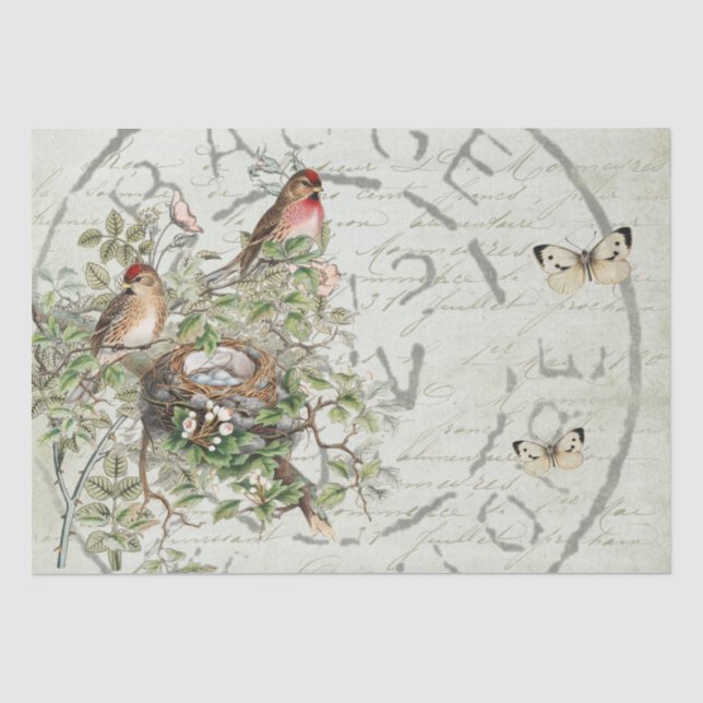 Bird Nest Postmark Butterfly French Script Green Tissue Paper (Front)