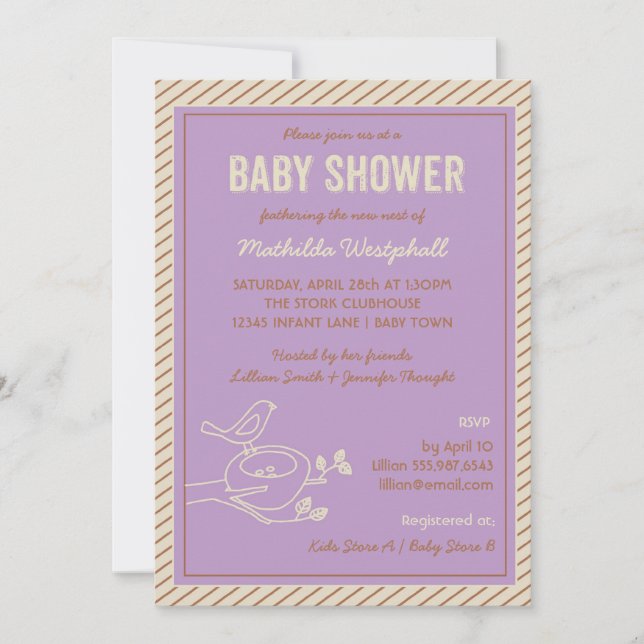 Bird Nest Purple Baby Shower Invitation (Front)