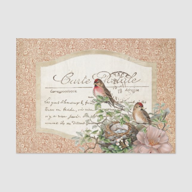 Bird Nest Red Floral Carte Postale French Script  Tissue Paper (Front)