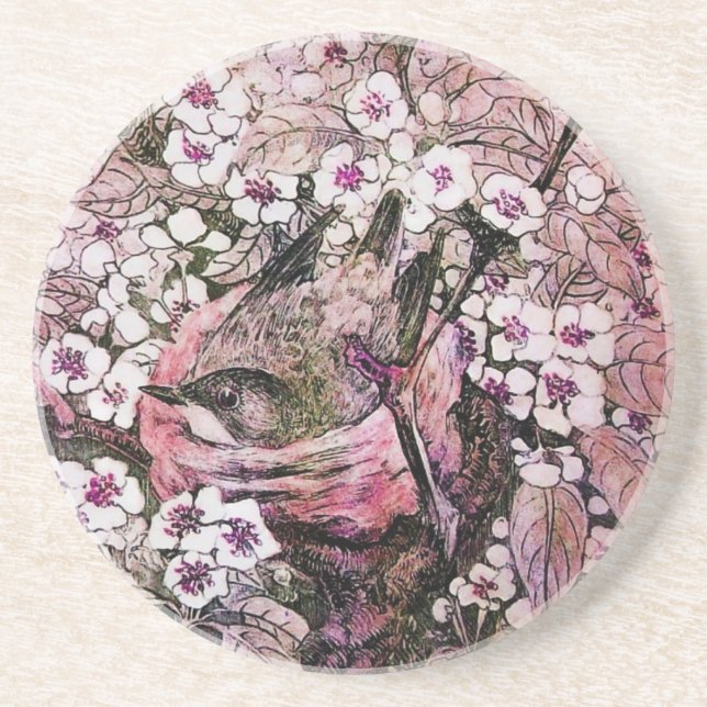 BIRD NEST ,RED WHITE PINK SPRING FLOWERS Floral Coaster (Front)