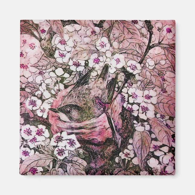 BIRD NEST ,RED WHITE PINK SPRING FLOWERS Floral Magnet (Front)