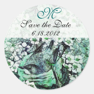 BIRD NEST Save The Date Monogram,White Green Classic Round Sticker