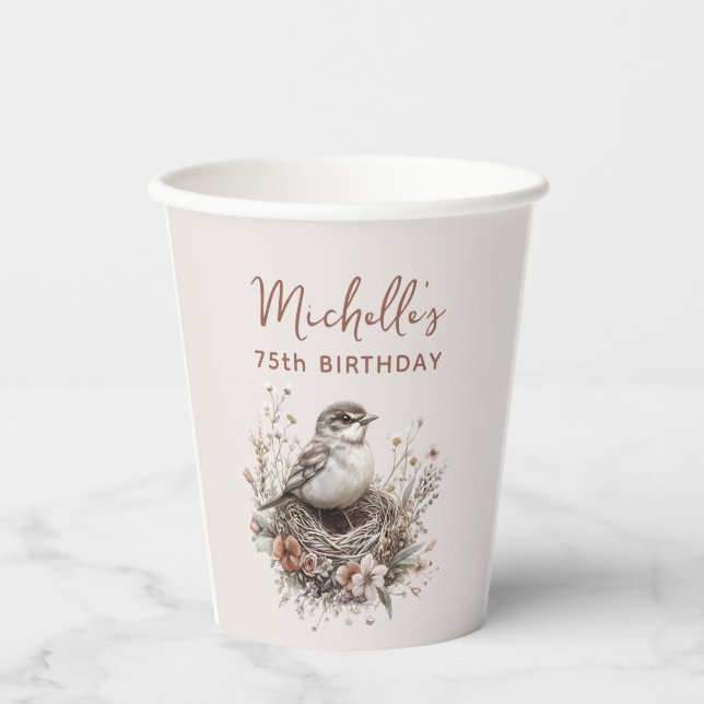 Bird Nest Terracotta Pink 75th Birthday Paper Cups (Front)