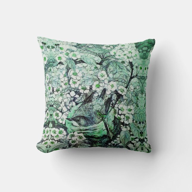 BIRD NEST,TREE GREEN WHITE SPRING FLOWERS Floral Cushion (Front)