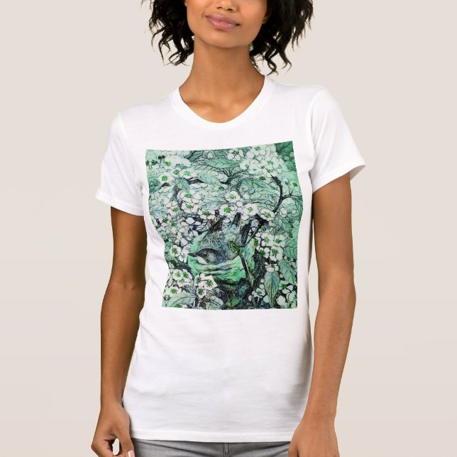 BIRD NEST,TREE, GREEN WHITE  SPRING FLOWERS Floral T-Shirt (Front)