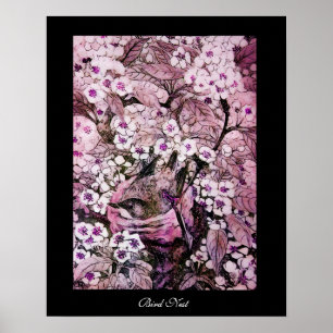 BIRD NEST,TREE PINK WHITE SPRING FLOWERS Black Poster