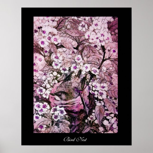 BIRD NEST,TREE PINK WHITE SPRING FLOWERS Black Poster (Front)
