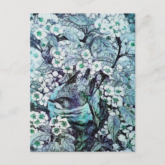 BIRD NEST ,TREE WITH WHITE BLUE SPRING FLOWERS POSTCARD (Front)
