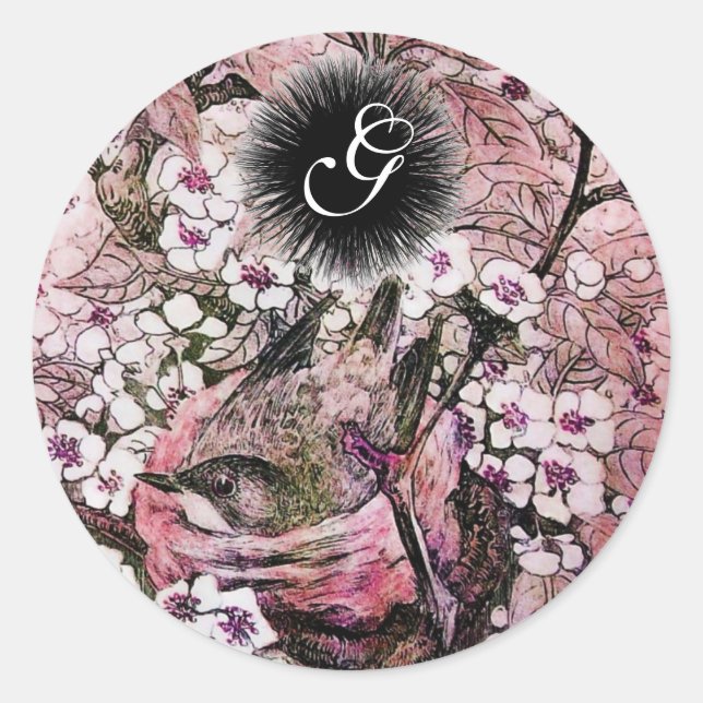 BIRD NEST ,TREE WITH WHITE PINK FLOWERS MONOGRAM CLASSIC ROUND STICKER (Front)