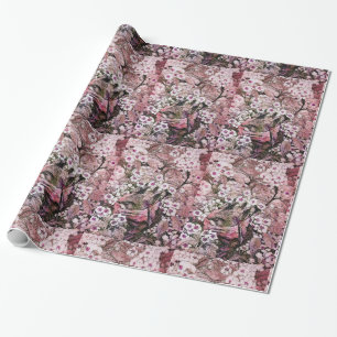 BIRD NEST ,TREE WITH WHITE PINK SPRING FLOWERS WRAPPING PAPER