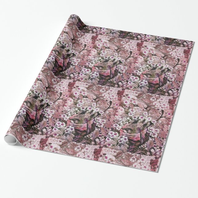BIRD NEST ,TREE WITH WHITE PINK SPRING FLOWERS WRAPPING PAPER (Unrolled)