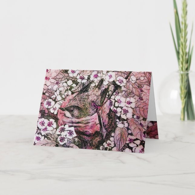 BIRD NEST ,TREE WITH WHITE RED PINK SPRING FLOWERS HOLIDAY CARD (Front)