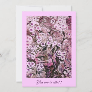 BIRD NEST ,TREE WITH WHITE RED PINK SPRING FLOWERS INVITATION
