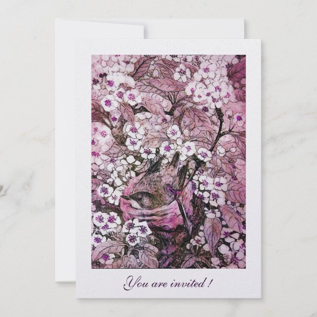 BIRD NEST ,TREE WITH WHITE RED PINK SPRING FLOWERS INVITATION (Front)