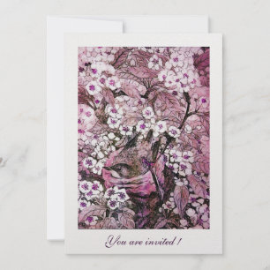 BIRD NEST ,TREE WITH WHITE RED PINK SPRING FLOWERS INVITATION