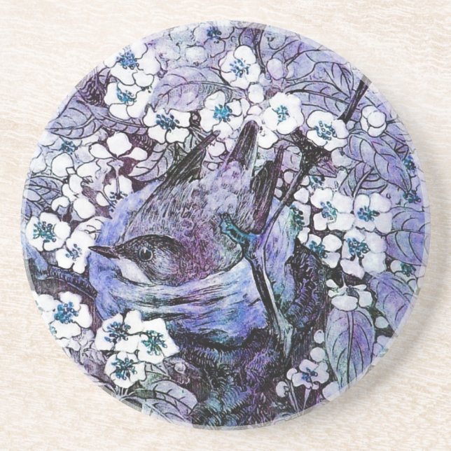 BIRD NEST,white,blue teal Coaster (Front)