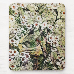BIRD NEST ,white brown green yellow Mouse Pad
