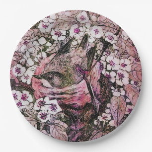 BIRD NESTAMONG SPRING FLOWERS Pink White Paper Plate