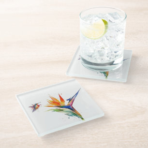 Bird of paradise and hummingbird in watercolor glass coaster