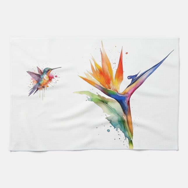 Bird of paradise and hummingbird in watercolor tea towel (Horizontal)