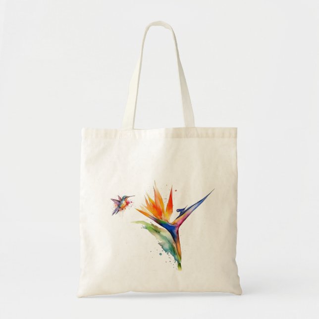 Bird of paradise and hummingbird in watercolor tote bag (Front)