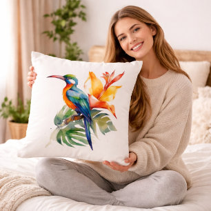 Bird of Paradise, colourful phantasy bird 'n flowe Cushion