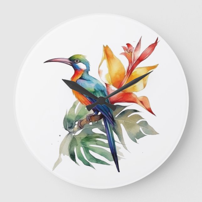 Bird of Paradise, colourful phantasy bird 'n flowe Large Clock (Front)