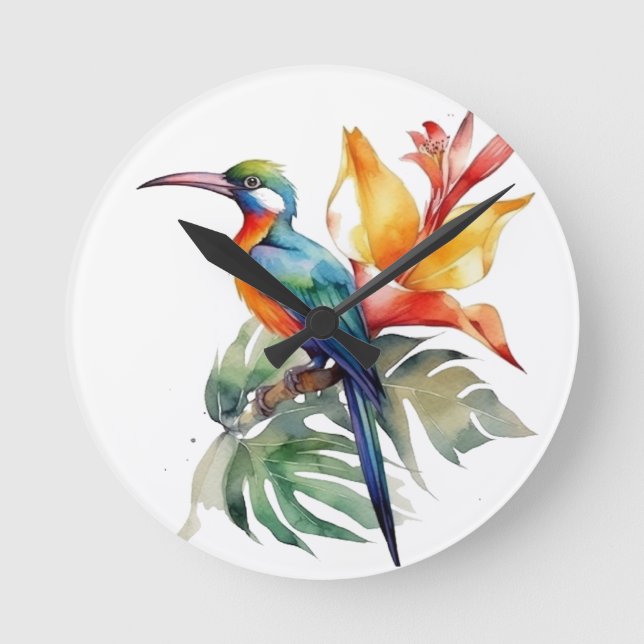 Bird of Paradise, colourful phantasy bird 'n flowe Round Clock (Front)