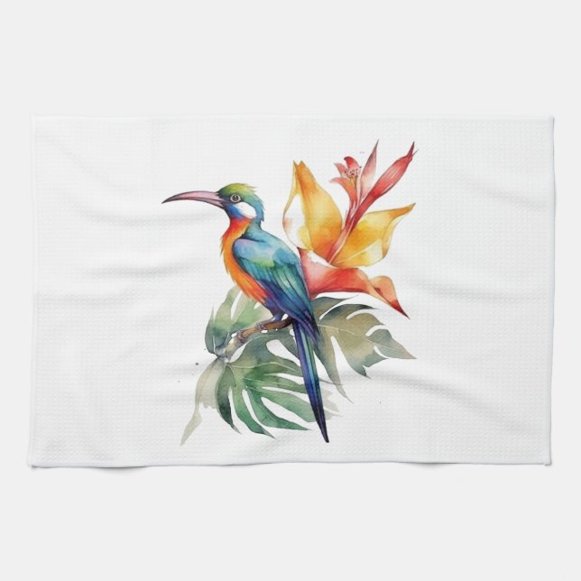 Bird of Paradise, colourful phantasy bird 'n flowe Tea Towel (Horizontal)