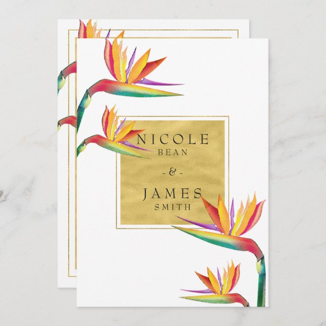 Bird of Paradise Elegant Gold White Wedding Invitation (Front/Back)
