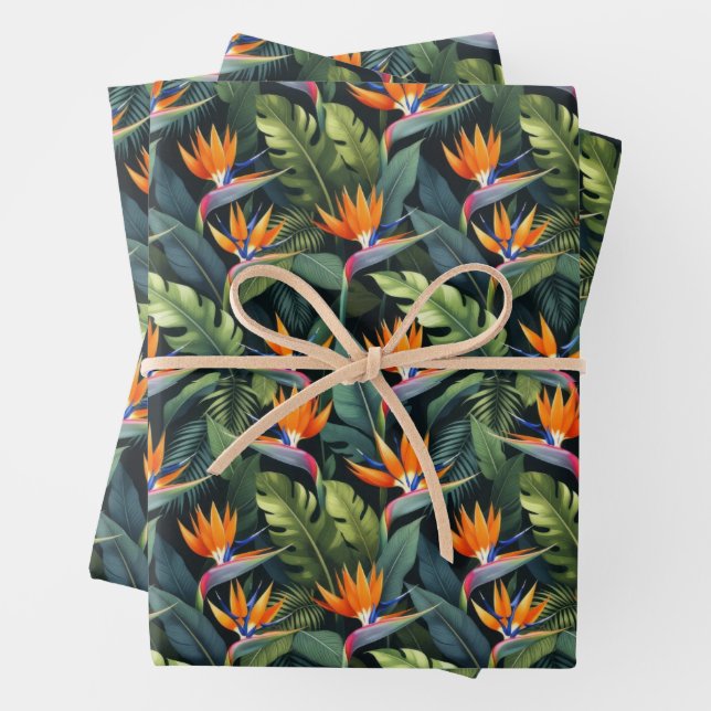 Bird of Paradise Flower Pattern Wrapping Paper Sheet (In situ)