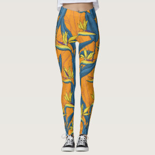 Bird of paradise flowers on orange leggings