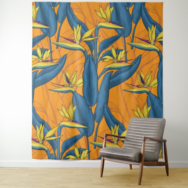 Bird of paradise flowers on orange tapestry (In Situ)