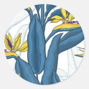Bird of paradise flowers on white classic round sticker