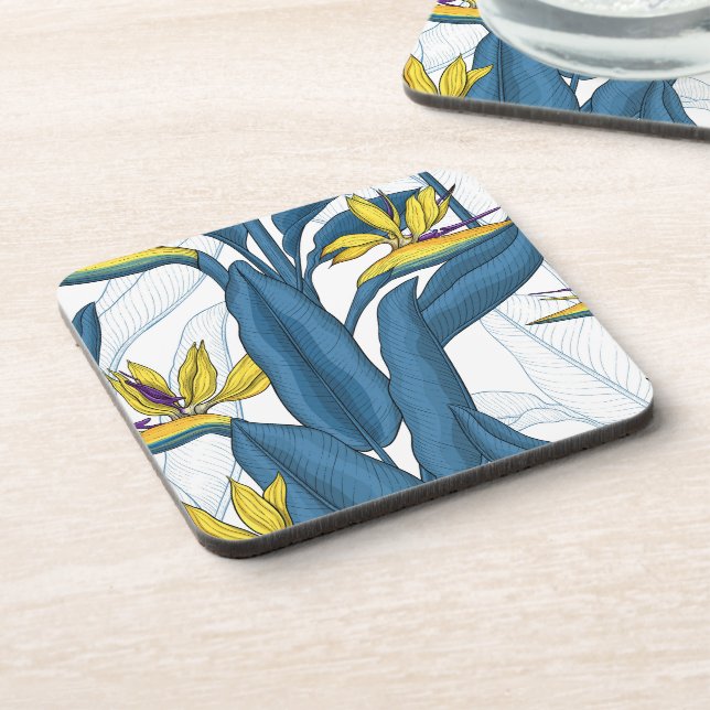 Bird of paradise flowers on white coaster (Left Side)