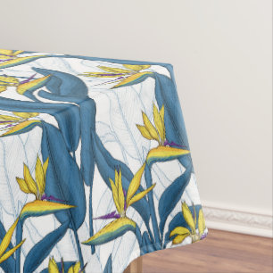 Bird of paradise flowers on white tablecloth