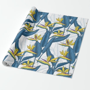 Bird of paradise flowers on white wrapping paper
