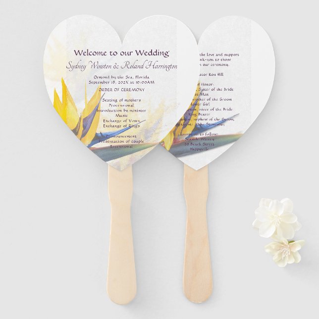 Bird-of-Paradise Heart-Shaped Wedding Fan Program (Front and Back)