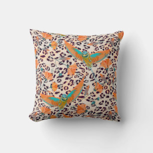 Bird of Paradise, leopard skin, Coral and turquois Cushion